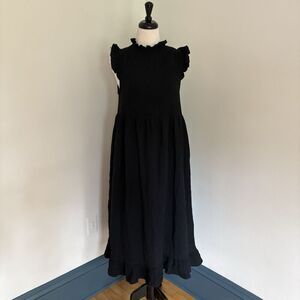 Urban Outfitters Gabby Dress Women’s M Black Ruffle Babydoll Midi Gauzy Pockets